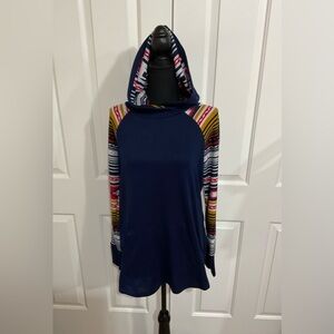 Navy Blue M Amber Hoodie with Multicolor Striped Sleeves
